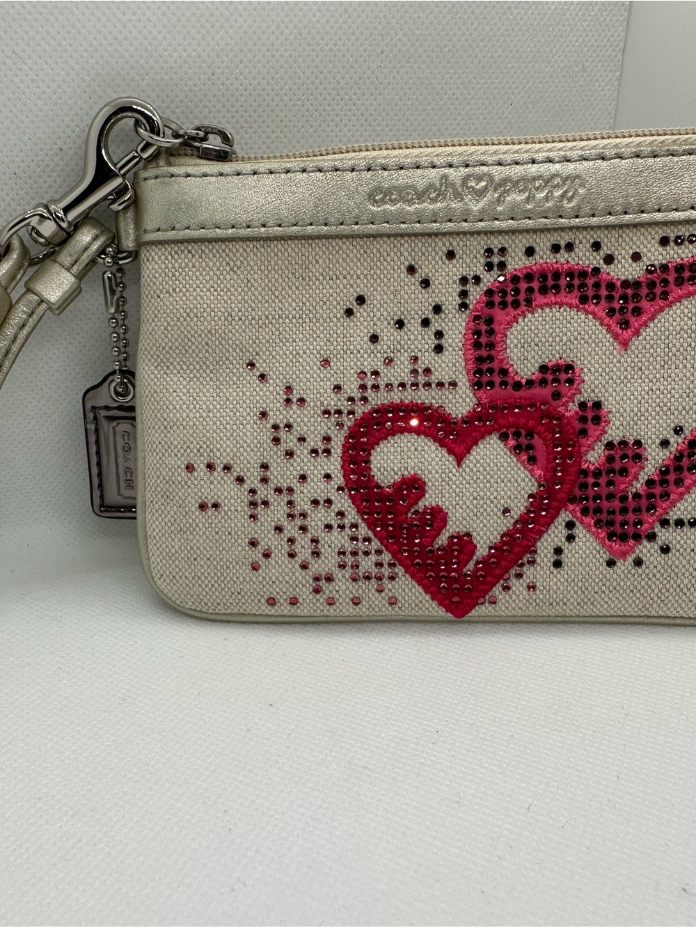 Coach Poppy Beige Canvas Wristlet with Pink Heart Stud Accents (111)